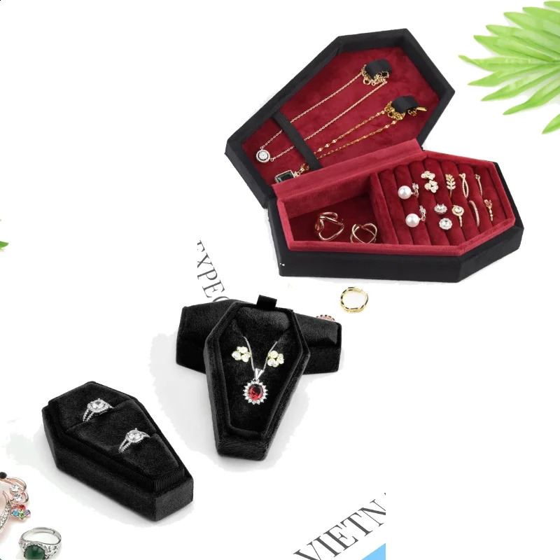 Velvets Jewelry Storage Box Coffin Shape Ring Necklace Earring Box Display Cases Desktop Decoration Jewelry Organizer 250117