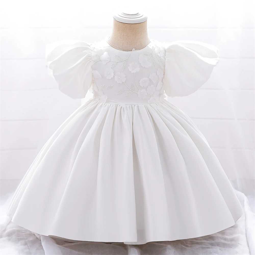 Summer Flower Baby Girl Dresses For Kids Wedding White Bow 1st Birthday Party Princess DresseGirls Puff Sleeve Baptism Clothing X250203