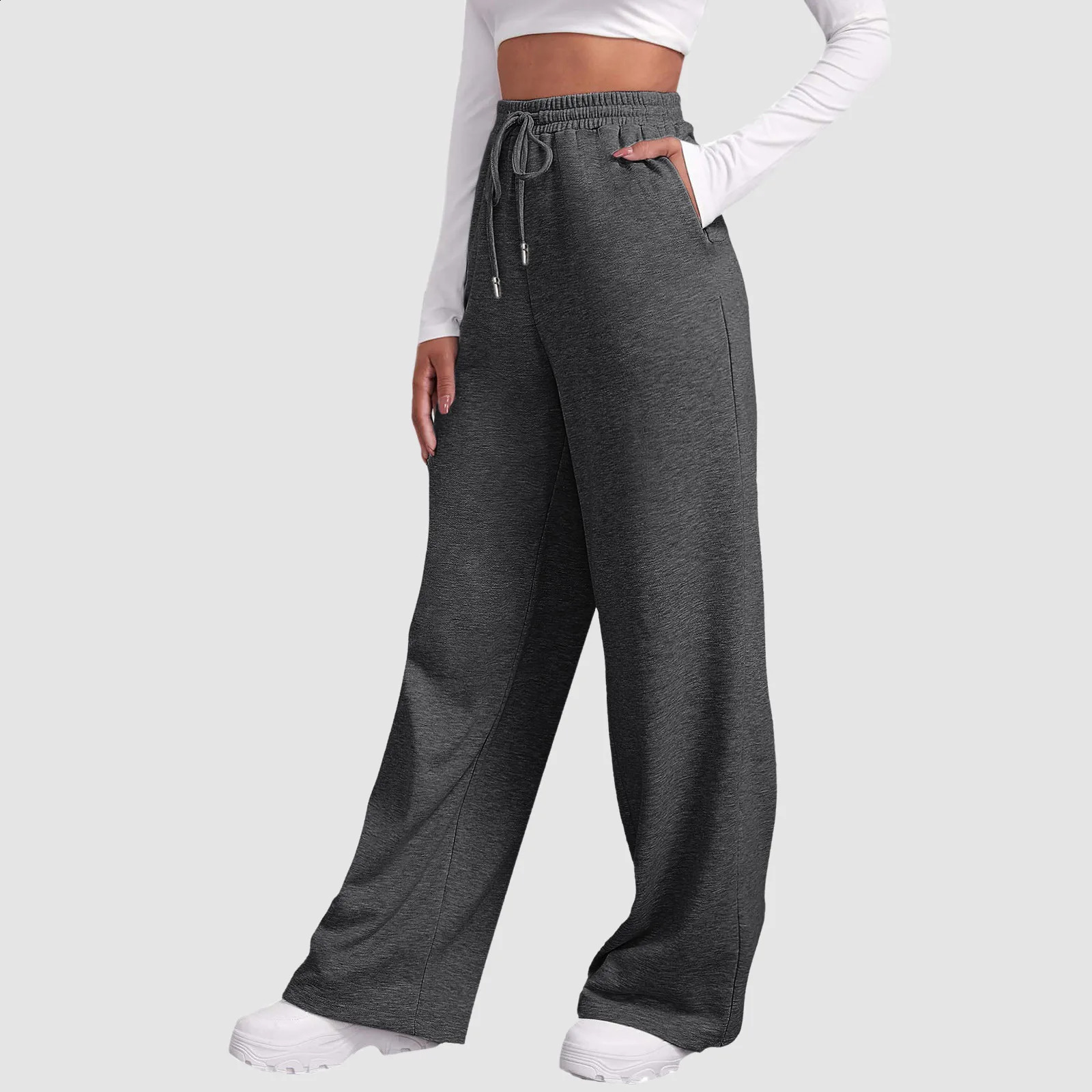 Wide Leg Pants Women Casual Long Elastic High Waist Drawstring Trousers Loose Sport Travel Basic Sweatpants With Pocket 250108