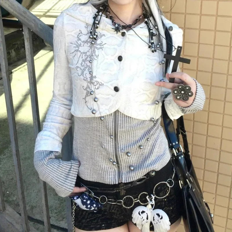 Y2k Harajuku Gothic Women Knit Cardigan Hooded Zip Up Patchwork Japanese Fashion Sweaters Slim Gyaru Grunge Autumn 250122