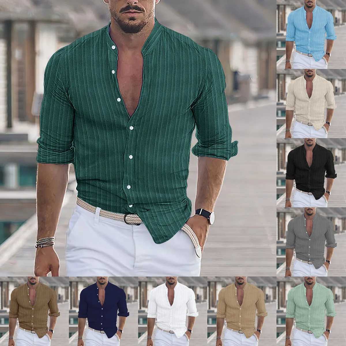 Europe and the United States new mens Casual Summer Cotton blended Stand collar Beach Long sleeve shirt Hawaii holiday stripe cXJ250121