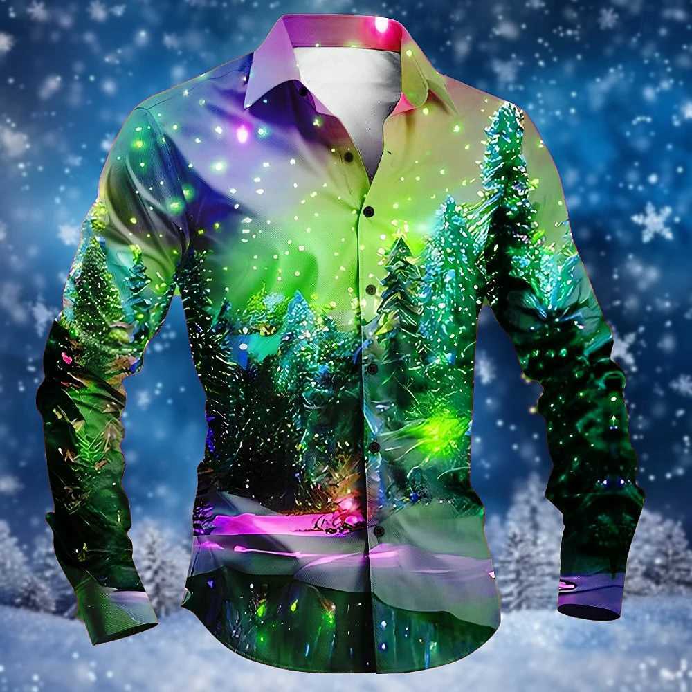 Christmas shirt long sleeved high-end mens shirt fashionable daily street under the aurora forest 3D printing cool hot sellingXJ250121