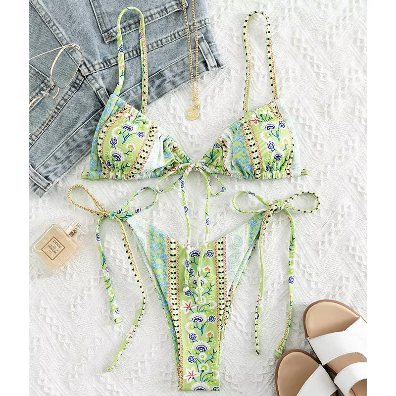 BIQIUYYI New Ral Print String Bandage Bikinis Triangle Cup Push Up Swimsuit Women Bathing Suit Beachwear Halter Swimwear XS
