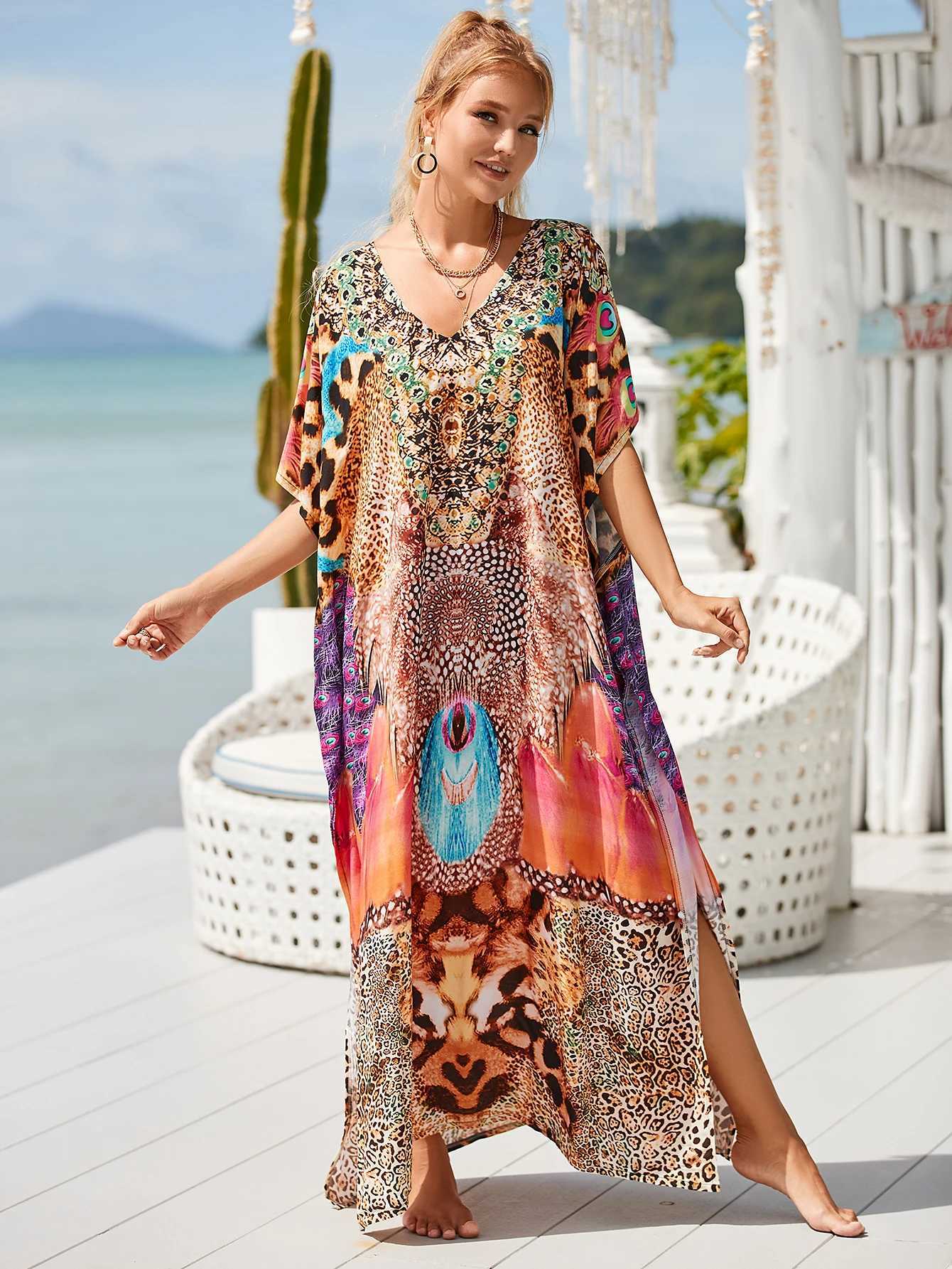 Boho Printed Kaftan Casual Summer Clothing 2024 Women Plus Size V Neck Batwing Sleeve Beachwear Cover Up Maxi Dr Robe Sarong W250120