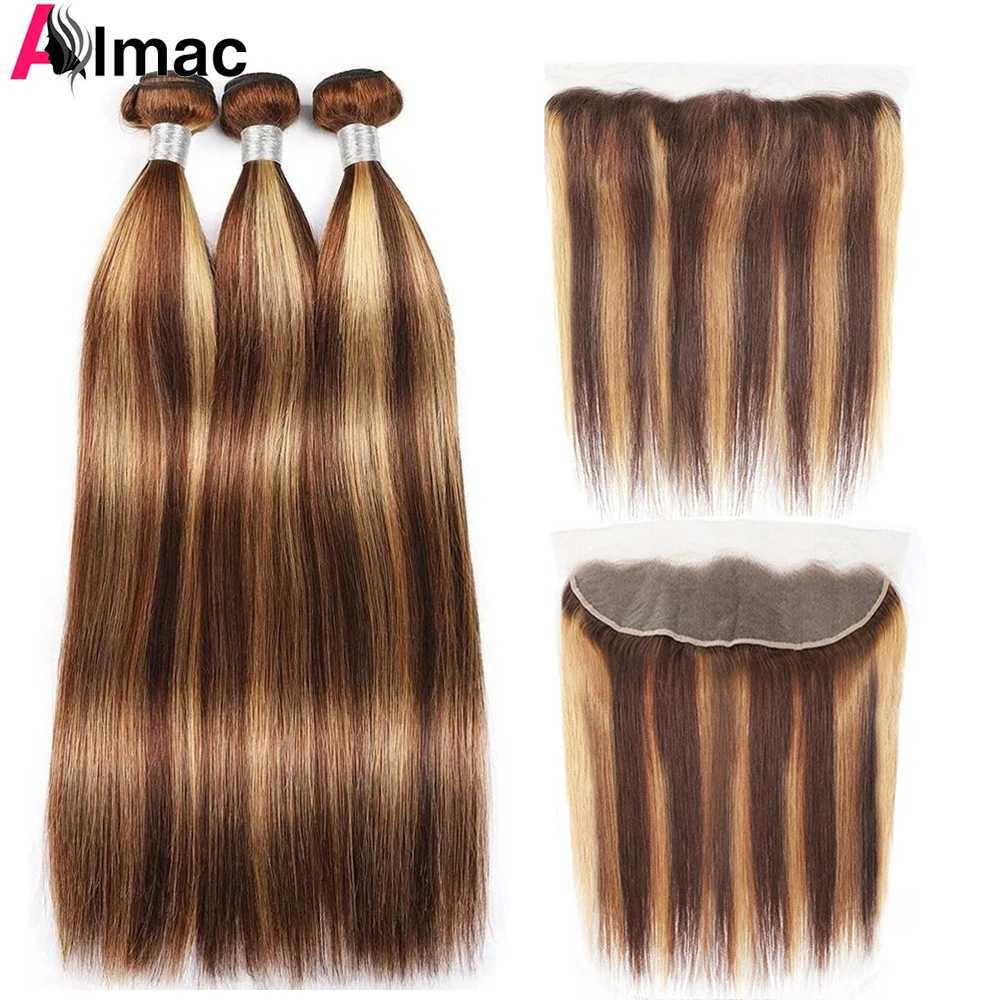 Highlight P4/27 Straight Human Hair Bundles With 13x4 HD Lace Frontal Piano Color Raw Indian Remy Hair Extention 220g/SetXJ250120