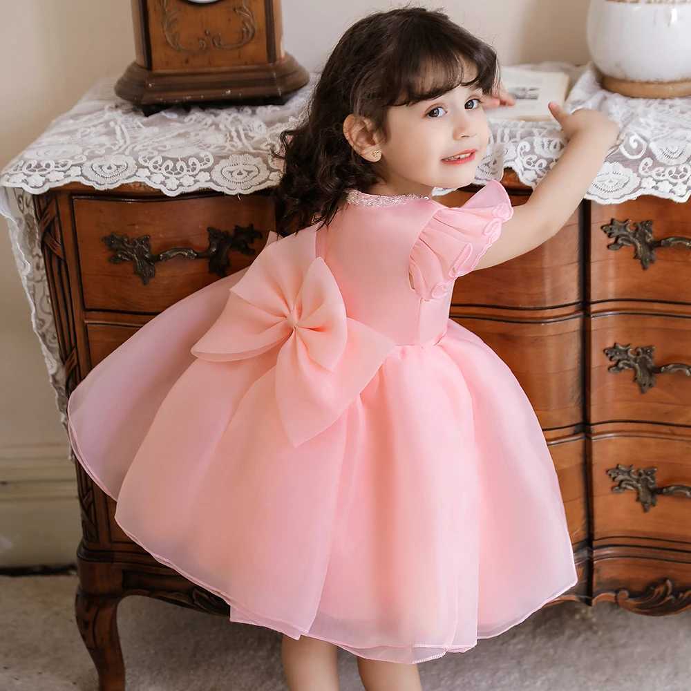 Baby Girl Pink White Dress Baptism Gown First 2 1 Year Birthday Dress Bow Princess Dress Party Dresses Girls Clothes Dresses X250203