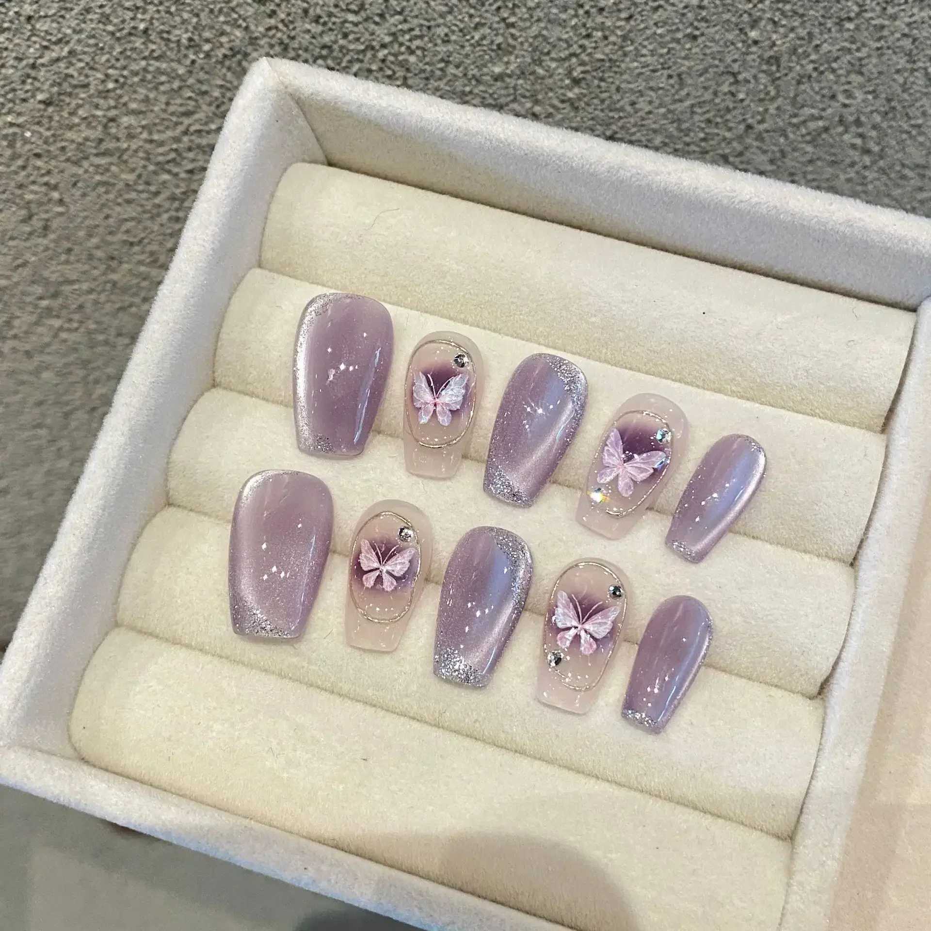 10 pieces of pink French Y2k nail tip ballet handmade fake nails wearable fake nails with rhinestone press on the nailsW250120