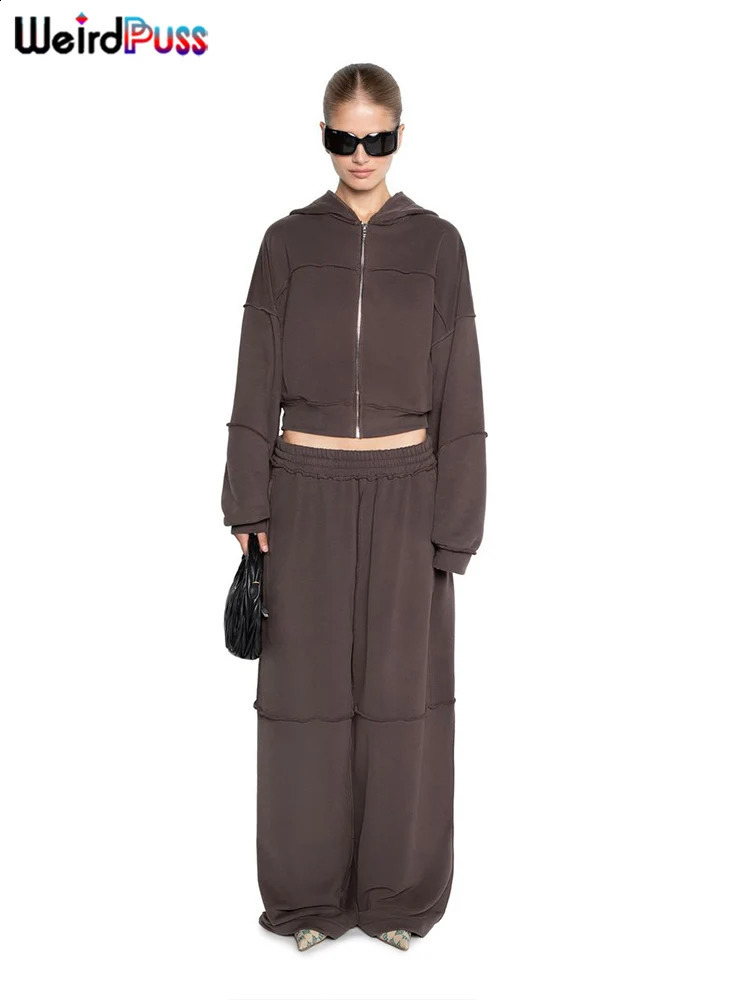 Weird Puss Casual Tracksuit Women 2 Piece Set Panelled Stripes Sporty Simple Hipster Hooded Zip JacketWide Pants Matching Suits 250122