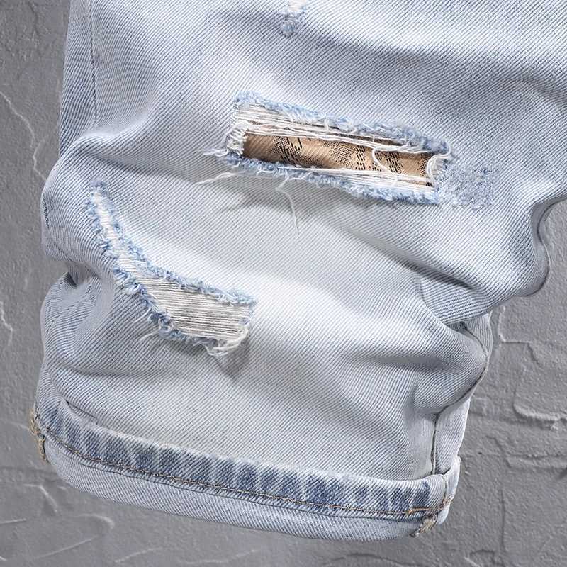 Summer Fashion Designer Short Jeans Men Retro Light Blue Stretch Slim Fit Ripped Jeans Patched Vintage Casual Denim Shorts Men X250203