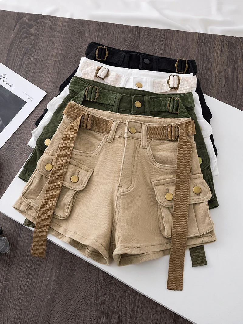 Retro Army Green Work Clothes Cowboy Shorts Summer Cool Girl Fashion Belt Pocket High Waist Dance Short Skirt 250118