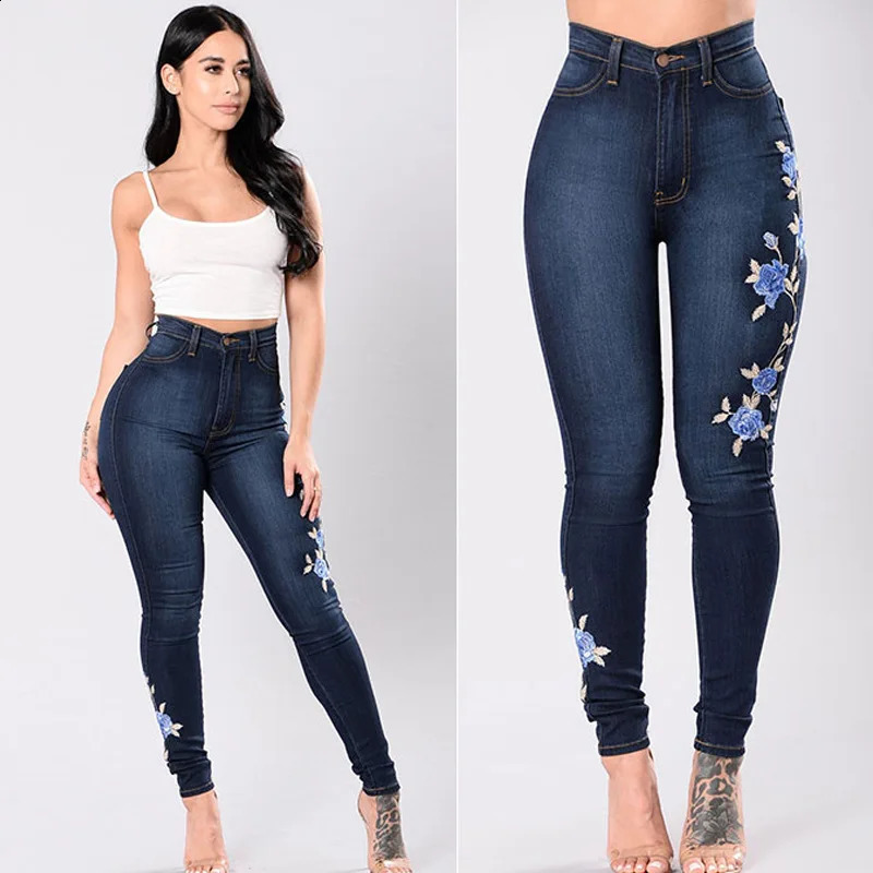 2023 Womens High Waist Embroidered Jeans Fashion Slim Stretch Denim Pencil Pants Street Trendy Trousers S3XL Drop 250121