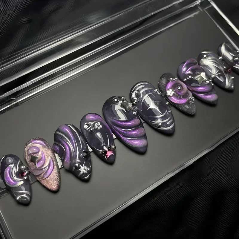 24Pcs False Nails Spicy Girl Silver Bow with Diamond Fake Nails with Glue Almond Press on Nails Black Cool Y2k Almond Nail SetW250120