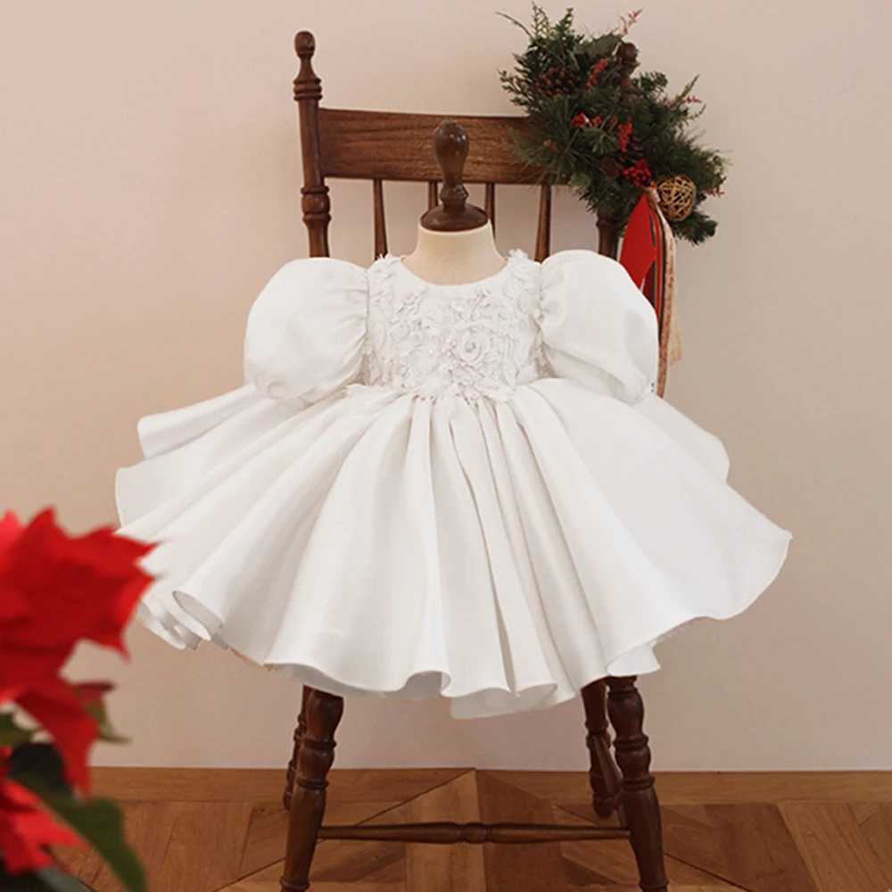 Summer Flower Baby Girl Dresses For Kids Wedding White Bow 1st Birthday Party Princess DresseGirls Puff Sleeve Baptism Clothing X250203