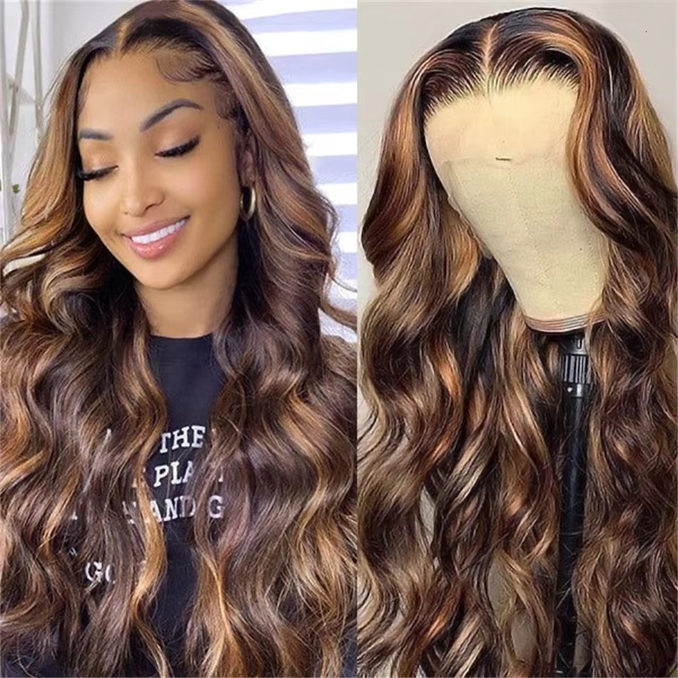 Highlight Body Wave 13X6 Frontal For Women 4/27 Brown Colored 13X4 Transparent Lace Front Human Hair Wig Pre Plucked