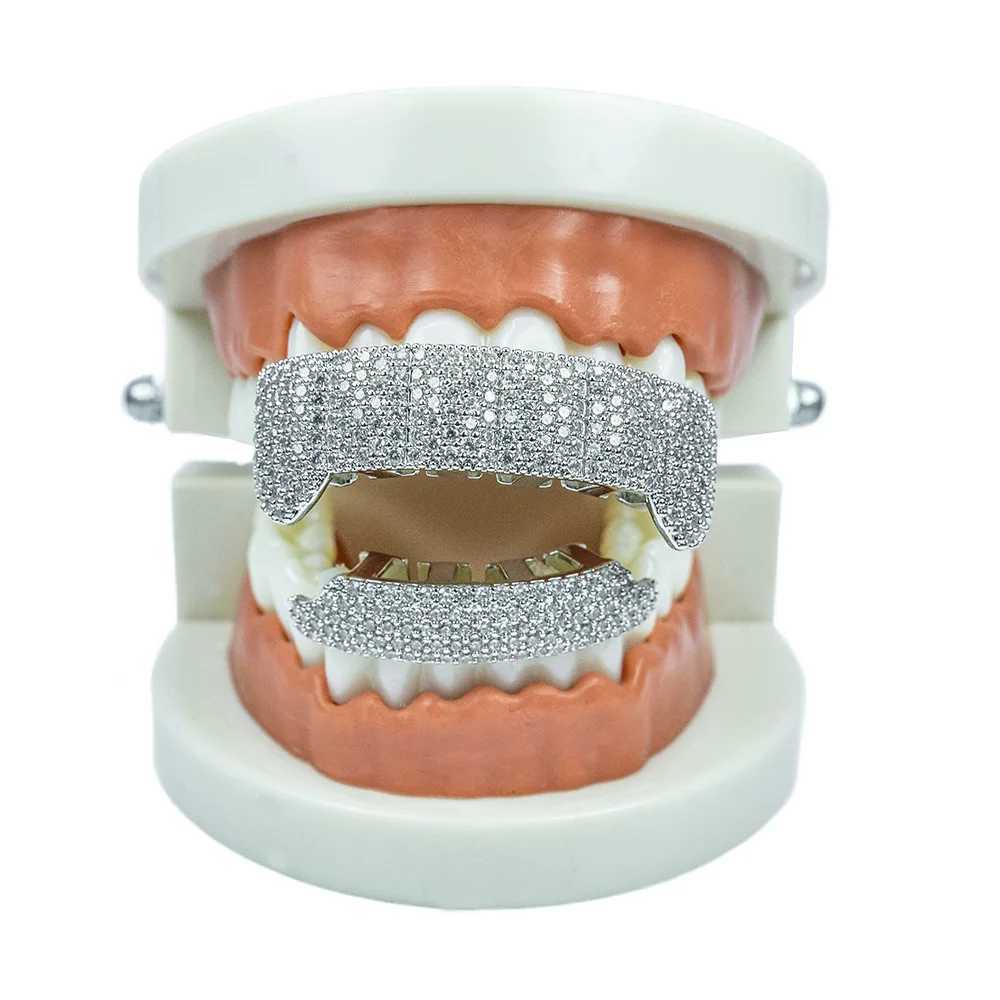 RACHELZ Geometric Rectangle Full CZ Stone Teeth Grillz Caps Gold Silver Color Zircon Tooth Grills For Women Men JewelryXJ250114