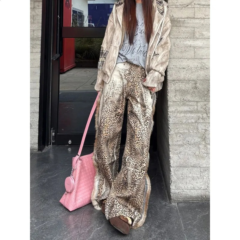 American large size raw edge stitching leopard print high waisted jeans women spring tie fashion floor-length pants 250118