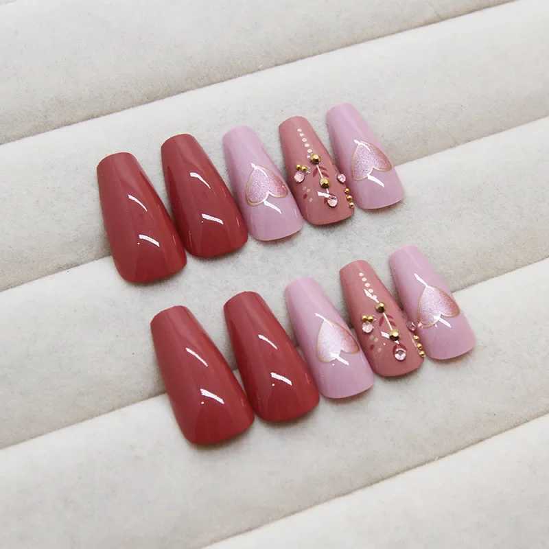 24Pcs Red Pink Matte Short Square Fake Nails Wearable Floral Love Heart Design Press on False Nail Simple Full Over Nail Tip ArtW250120
