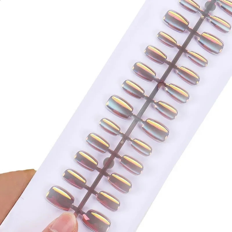 24PCS Cat Eyes Pink Red Magic Mirror Manicure Short Press on Nails Full Cover Ballet False Nails With Glue for Women 250108