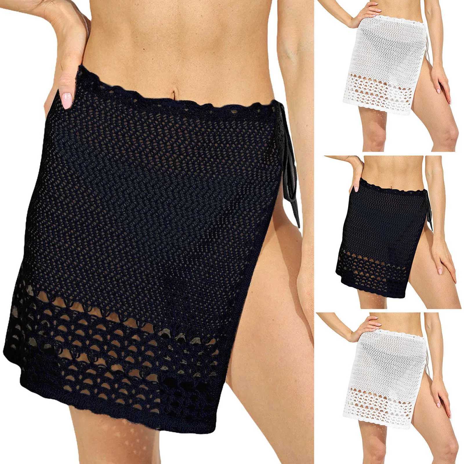 2025 Trend Women Knitted Hollow Out Solid Color Skirt Sexy Beach Sunscreen Short Dr Swimsuit Cover-Ups Bonds Sarong Skirt W250120