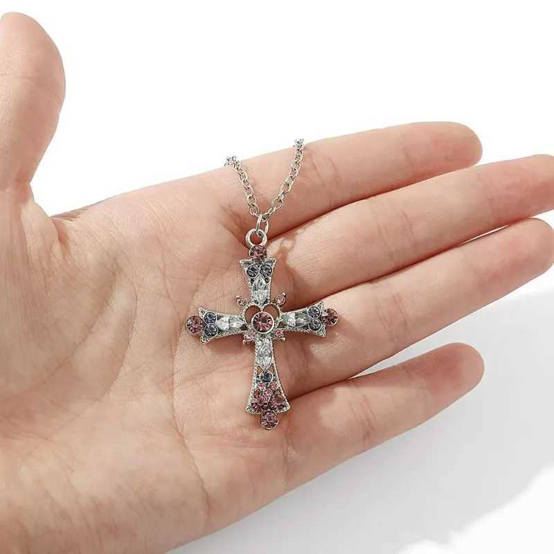 Y2K Fashion Heart Cross Pendant Necklace Pink Crystal Egirl Sweet Cool Clavicle Chain Necklaces Aesthetic Party Jewelry GiftsXJ250121