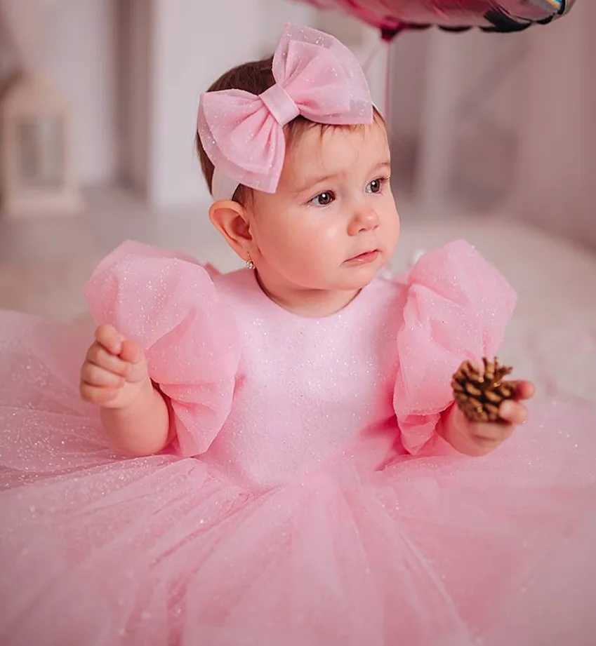 New Tailored Girls Dress Puffy Pink Kids Bow Christening Princess 1st Brithday Dresses Toddler Children Tutu Baby Girl Clothes X250203