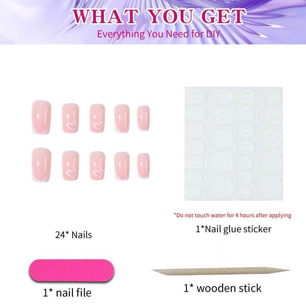 24pcs short square press nails white French nails with heart decoration short coffin shaped fake nails for women and girls inW250120