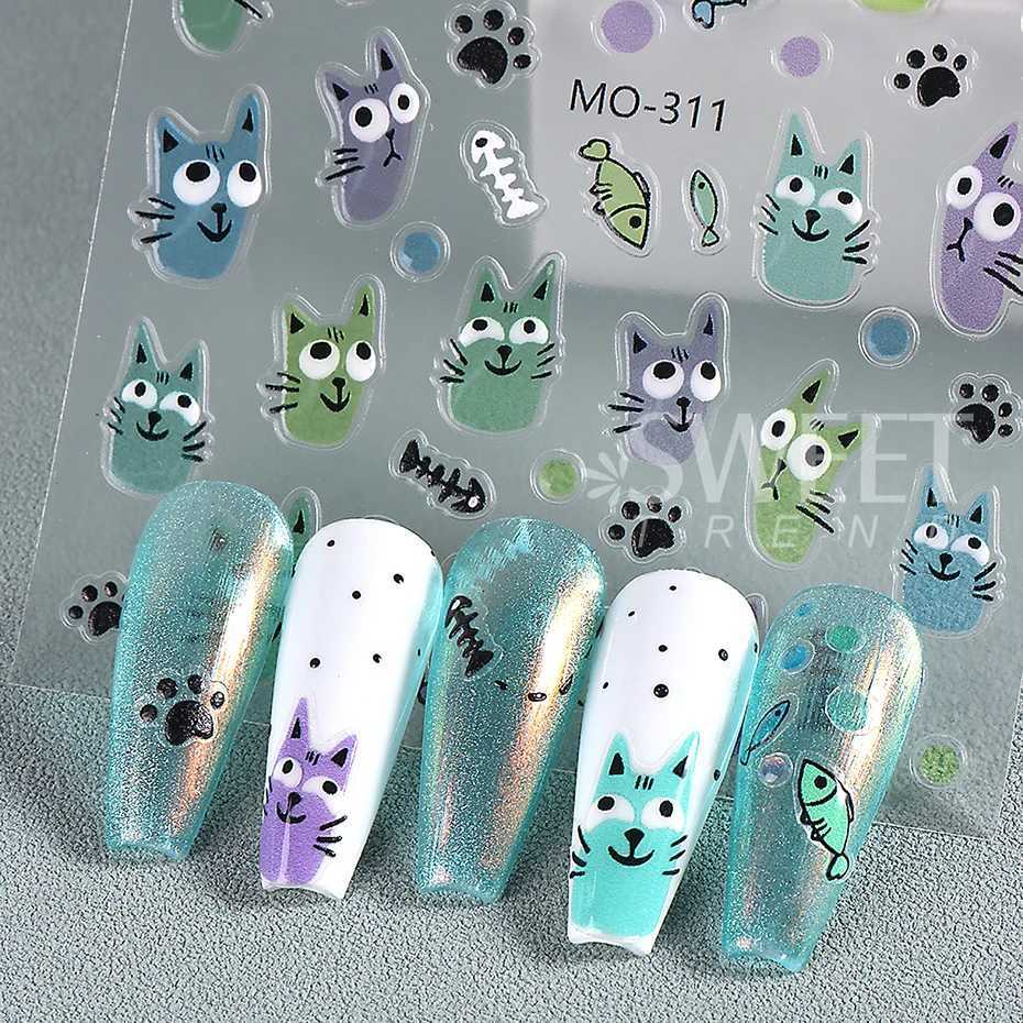 5D Black Cartoon Cute Cat Nail Stickers Cat Stars Letters Nail Sliders Y2K Korean Nail Art Manicure DIY Nail Supplies DecorXJ250120