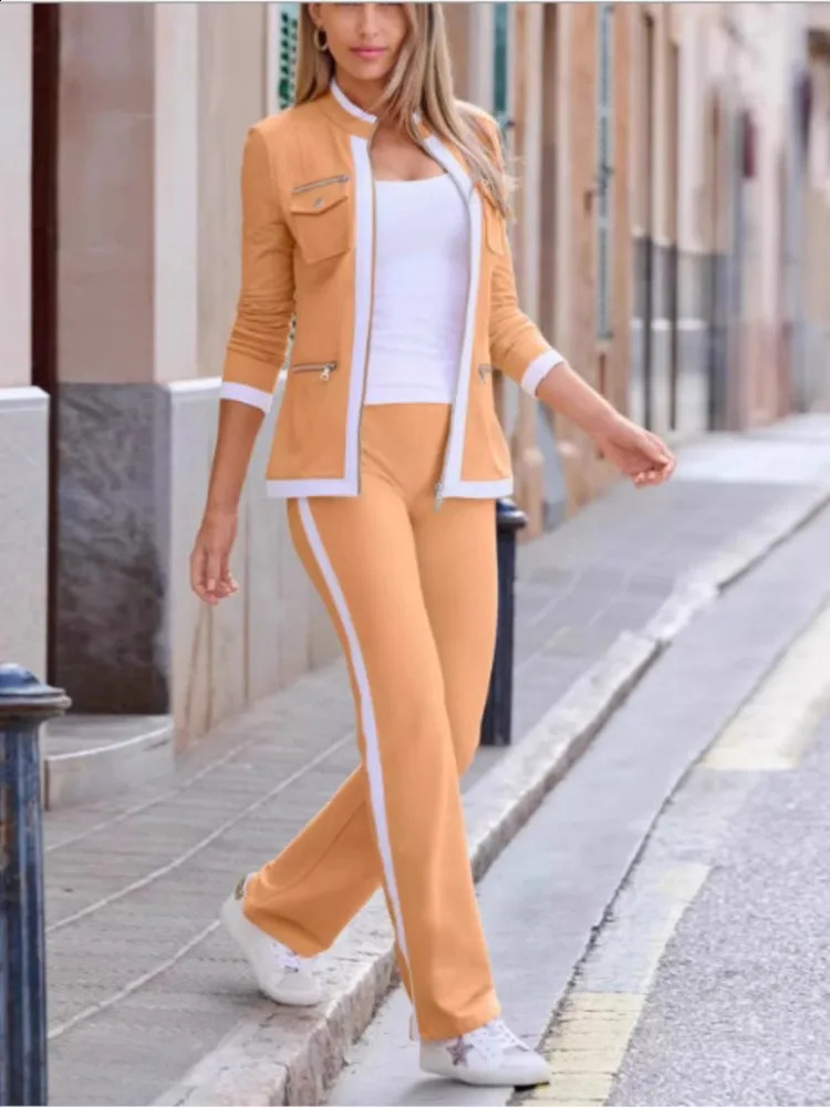 Autumn And Winter Fashion Solid Color Casual Two Piece Sets Elegant Women Slim Simple Zipper Top Straight Sweatpants Suit 250122