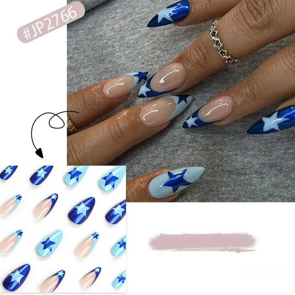 24pcs On Almond False Nails French Leopard Star Press on Nails Fake Nails DIY Manicure Detachable Nail TipsW250120