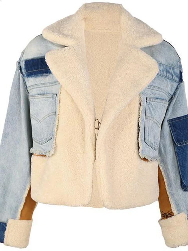 oein Denim Jacket Womens European Style Plush Personalized Lamb Wool Lapel Thickened Top Heavy Work Stitching 250121
