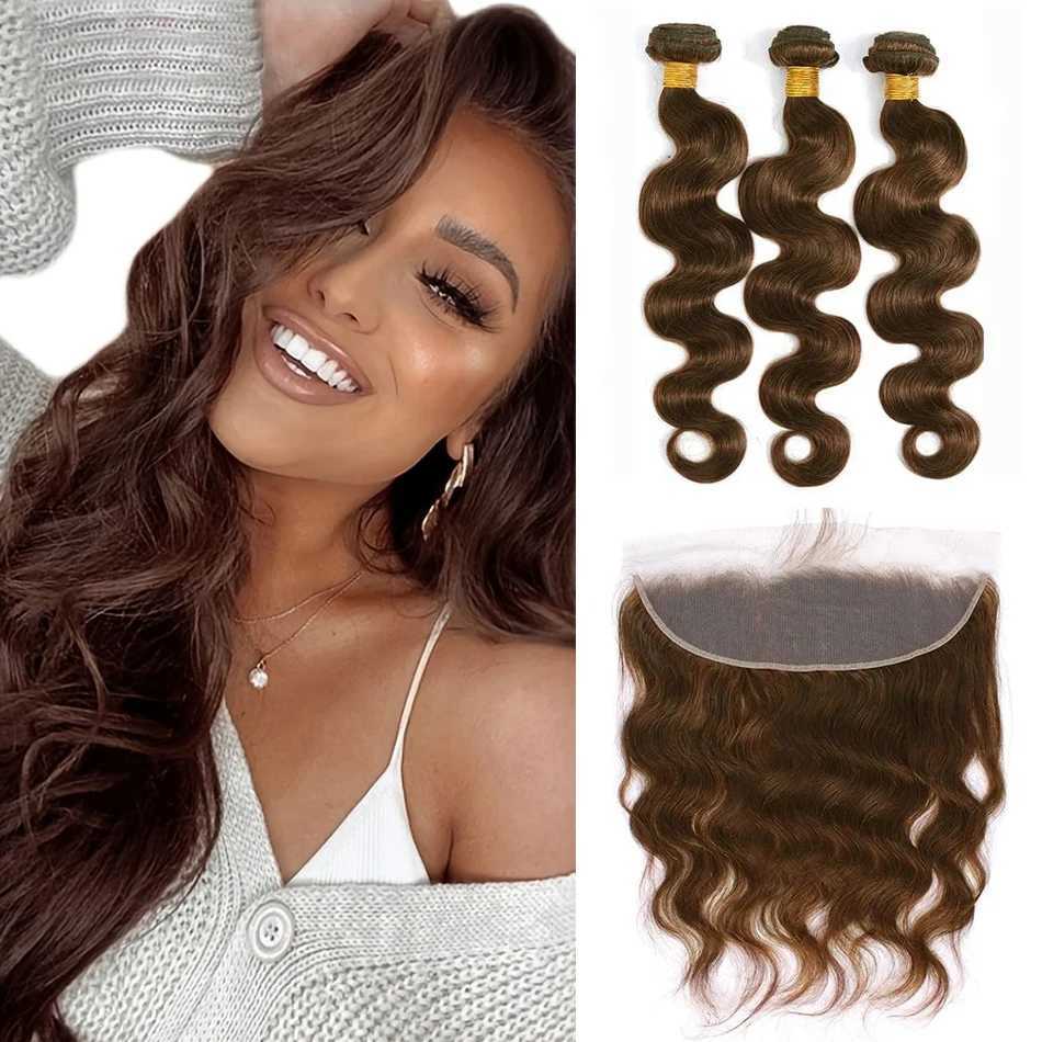 Chocolate Brown Body Wave Bundles With 13x4 Frontal Color #4 Remy Human Hair Extension 2/3/4 Bundles with Lace Frontal for WomenXJ250120