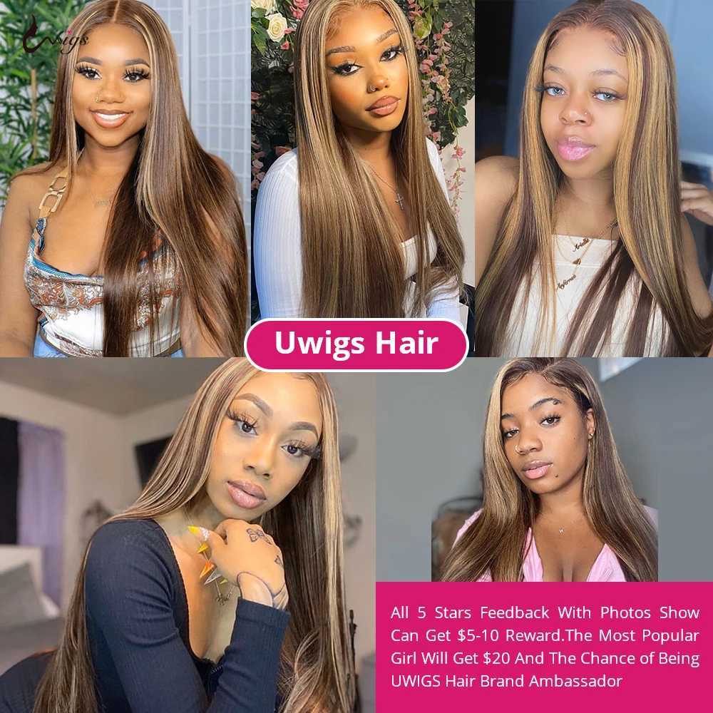 Uwigs Highlight Straight Bundles With Clo Human Hair Bundles With Clo Transparent Lace Clo Brazilian Hair BundlesXJ250120