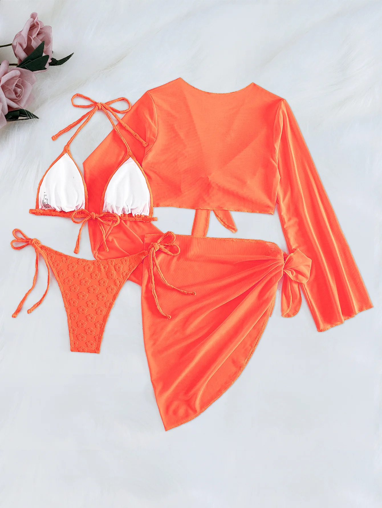 Sexy Orange Bikini Set Women Long Sleeve Cover Up with Mesh Skirt 4 Piece Swimsuit 2025 Beach Bathing Suit Holiday Swimwear 250113