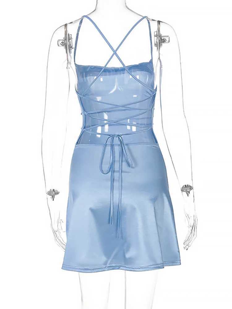 Summer Lace Up Satin Strap Mini Dress For Women Backless Bodycon Sexy Short Dress Ele Party Clothes Birthday Evening OutfitXJ250115