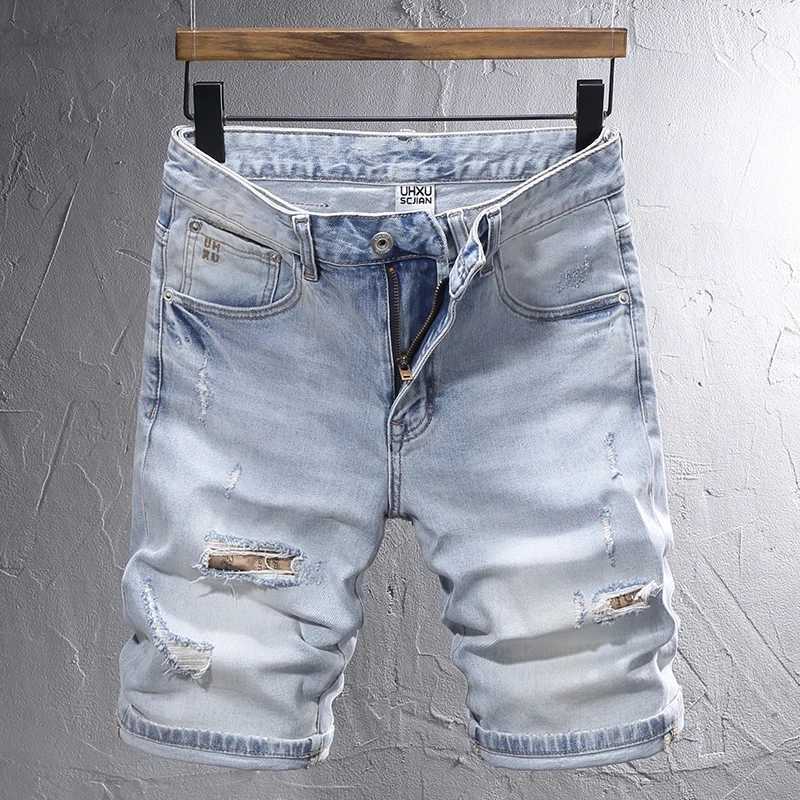 Summer Fashion Designer Short Jeans Men Retro Light Blue Stretch Slim Fit Ripped Jeans Patched Vintage Casual Denim Shorts Men X250203