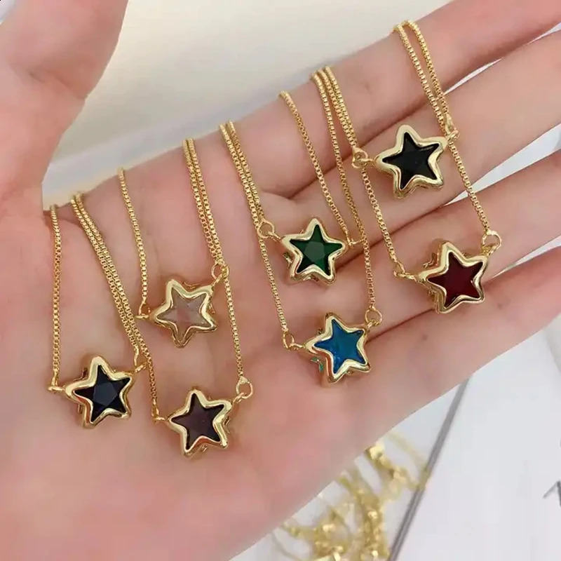 10Pcs Fashion Simple Cz Crystal Colorful Star Pendant Necklace Gold Plated Cubic Zirconia Chain Necklaces For Women Gifts 250117
