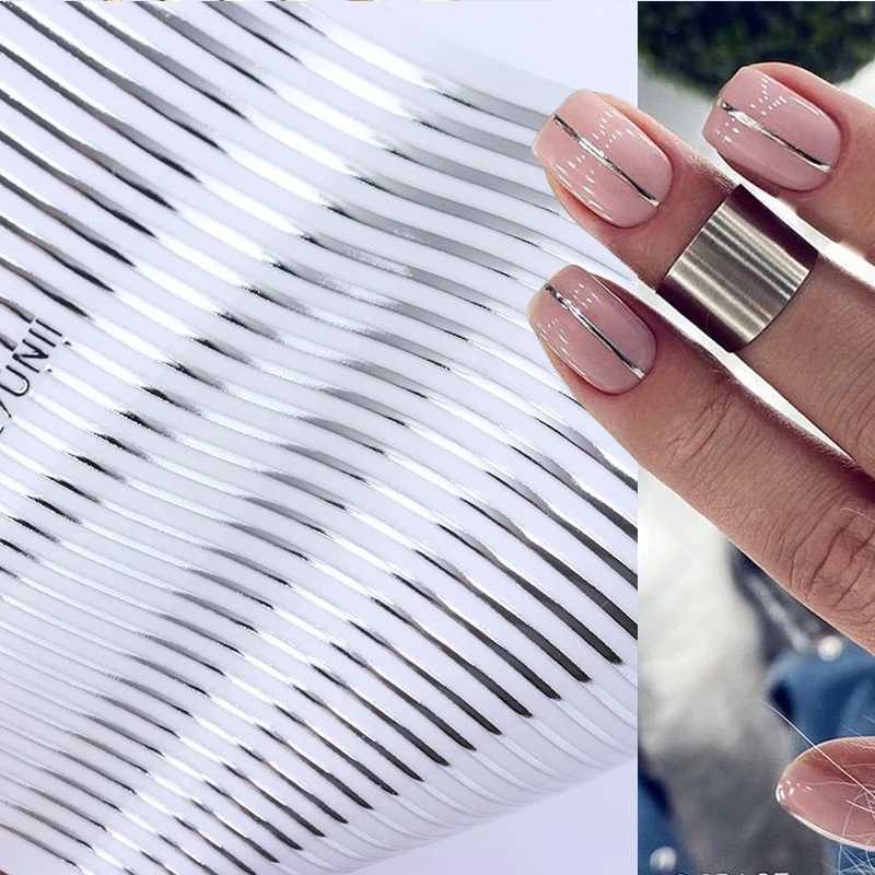French Line Stripe 3D Nail Stickers Gold Silver Metal Lines Nail Transfer Stickers Multi-size Strip Wave Decoration Decal TipsXJ250120