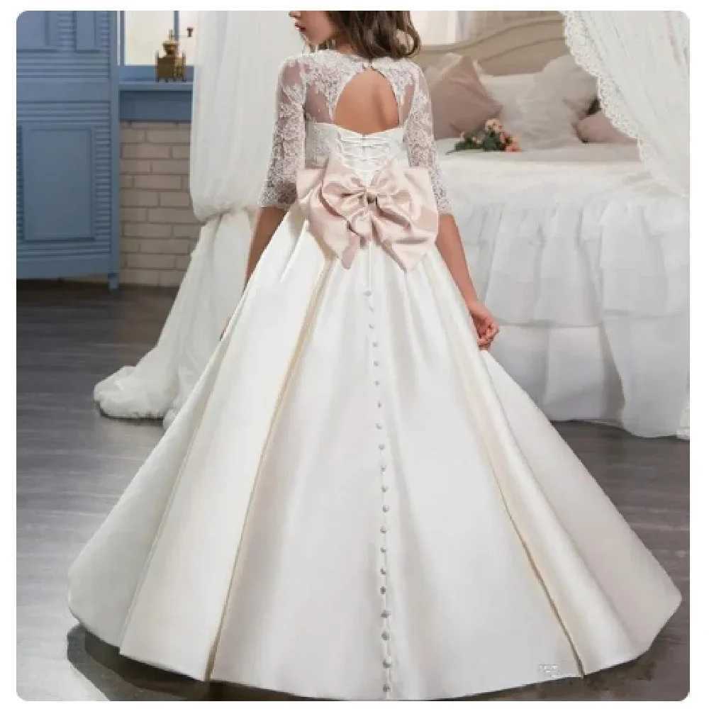 Flower Girls Dress Bow Lace Open Back Satin Elegant First Holy Communion Gowns Neck Pageant Dress Birthday Prom Party Baptism X250203