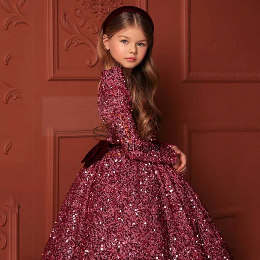 Sparking Full Sleeve Sequined Flower Girl Dresses with Bow A Line Communion Dresses Girls Winter Christmas Gown Christening 2022 X250203