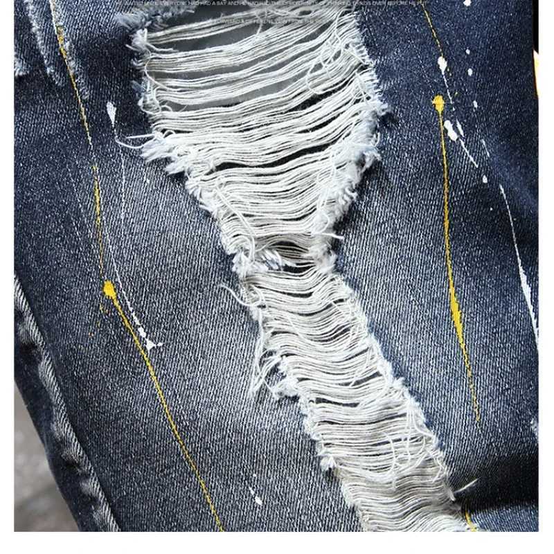 Summer Ripped Denim Shorts Loose Straight Painted Mens Jeans Trend Beggar Quarter Pants X250203