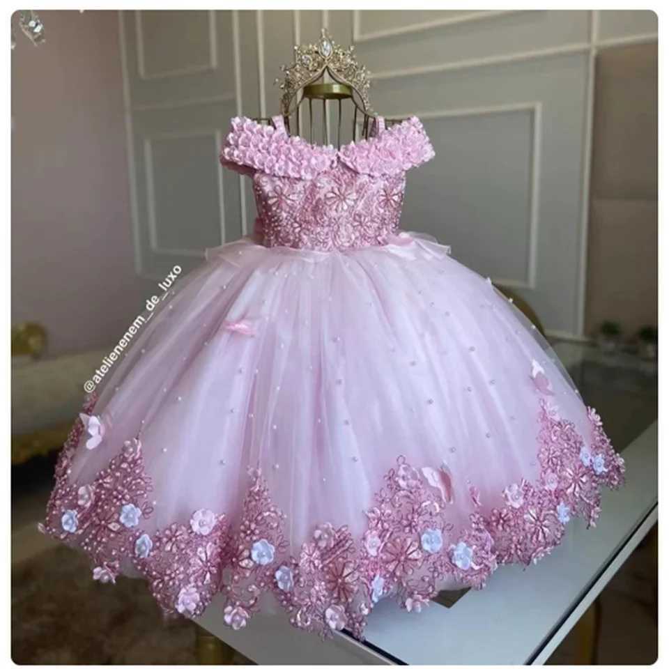 Baptism Tulle Pearls Flower Girl Dress Lovely For Wedding Beading Applique Off Shoulder Child First Eucharistic Birthday Party X250203