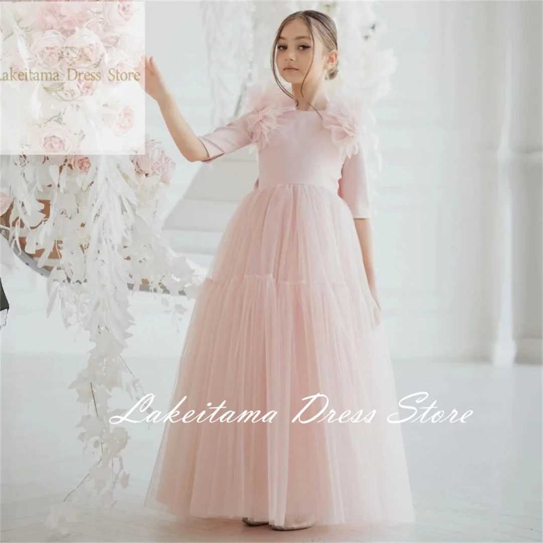 Pink floral girl dress sheer with bow and half sleeves used for weddings birthdays parties banquets princess dresses X250203