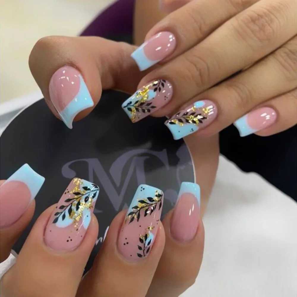 24pcs/set Black Reusable Adhesive Fake Nails Beveled French Snake Pattern Wearing Art False Nails Finished Fashion Press on NailW250120