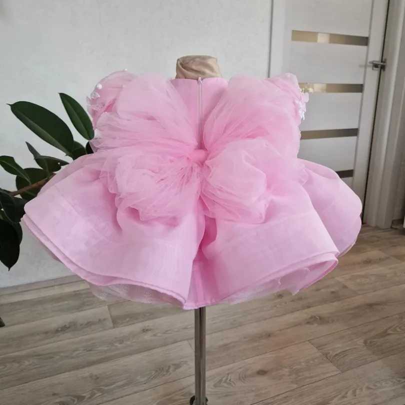Fluffy pink baby princess ball dress childrens newborn party pearl chiffon first communion wedding dress Baptist costume X250203