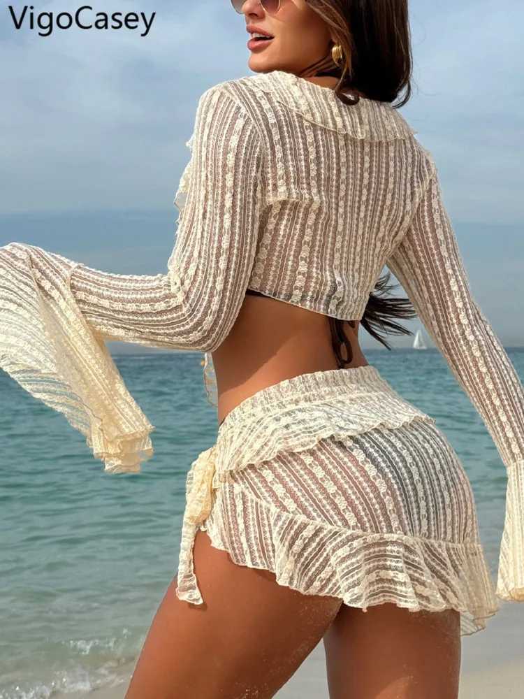 VigoCasey Sexy Solid 4 Piece Mesh Cove Up Bikini Set Swimwear Women 2025 Tied Halter Push Up Swimsuit Lady Beach Bathing SuitXJ250120