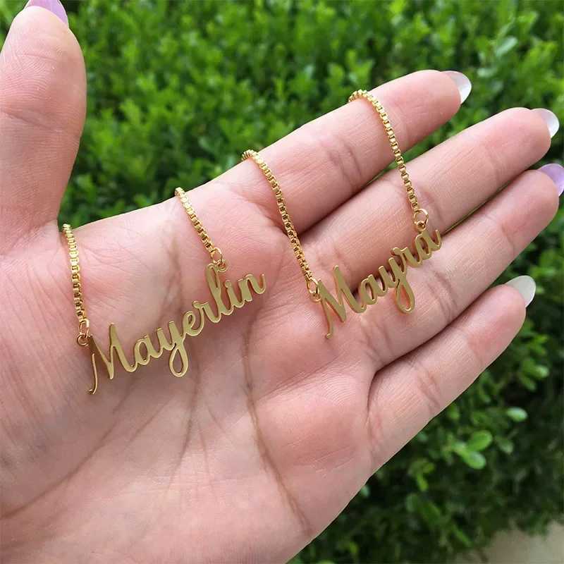 Personalized Custom Name Stainless Steel Necklace for Women Girls Gold Box Chain Choker Handwriting Nameplate Pendant NecklacesXJ250121