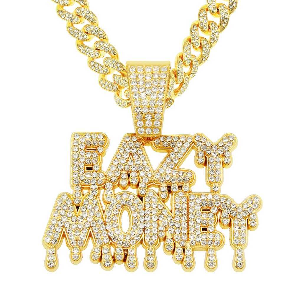 Fashion Rock EAZY MONEY Letter Pendant With 13mm Rhinestones Miami Cuban Chain HipHop Iced Out Bling Necklaces Charm Man JewelryXJ250121