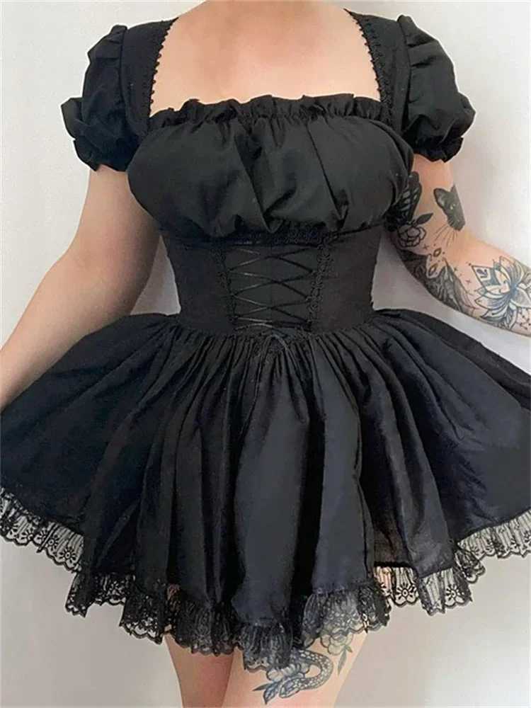 Women Summer Dress Puff Short Sve Square Neck Corset Tie-up A-line Dress Y2K Aesthetic Vintage Lolita Dresses FeXJ250115