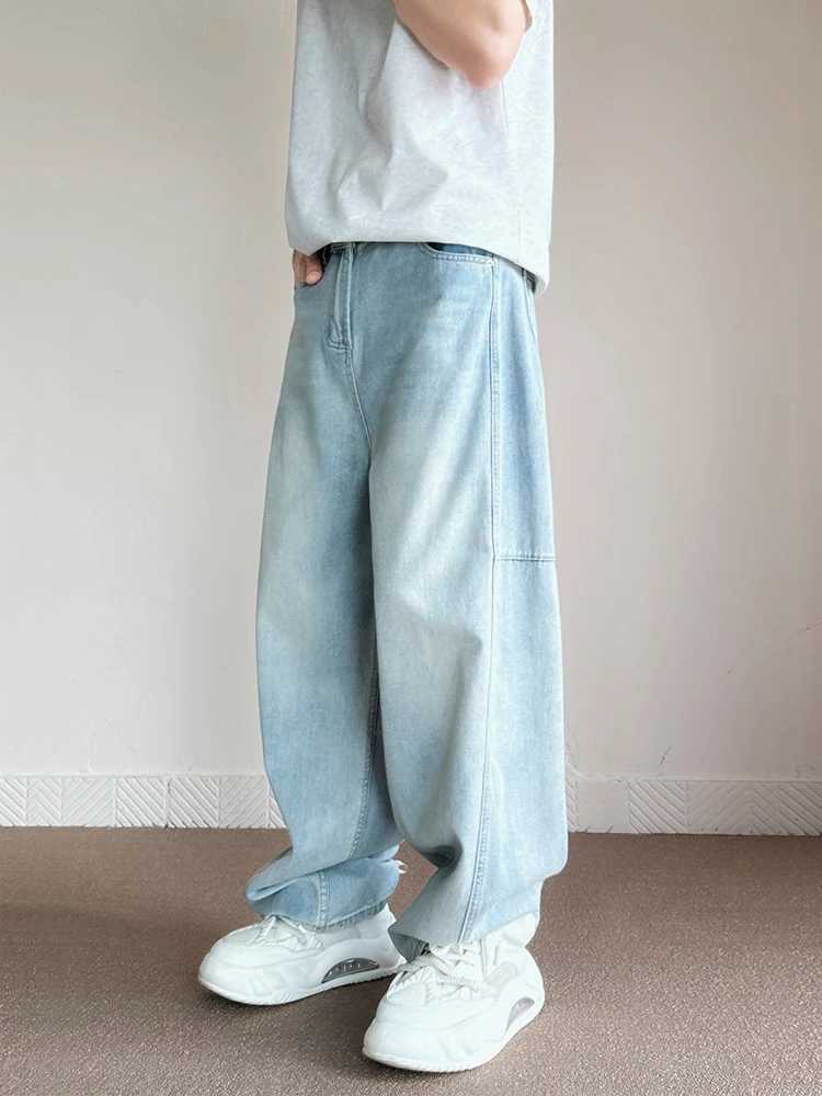 Mens Baggy Wide Legs Jeans Korean Fashion Streetwear Light Blue Patchwork Trend Y2K Loose Pants Washed Male Trousers W250118