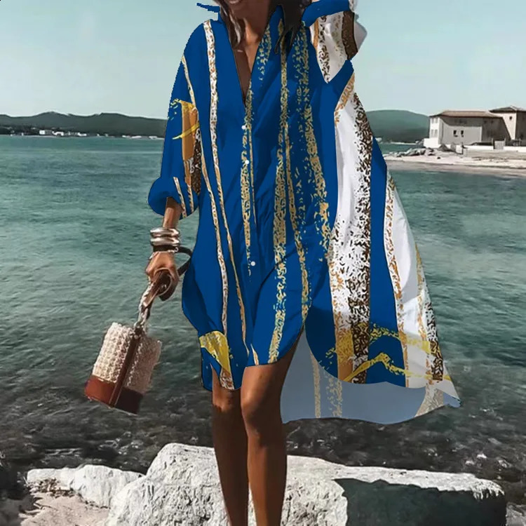 Autumn Dress Fashion Leisure Grace Printed Lapel Long Sleeve Loose Party Beach Women Shirt Dresses MsChuh 250122